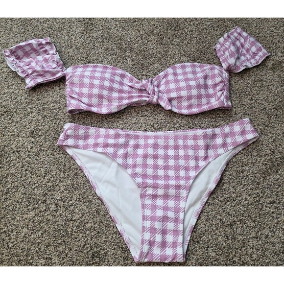 Cupshe Other - Cupshe NWT Pink White Gingham Bikini Size Medium Ruffle Top Bow Two Piece